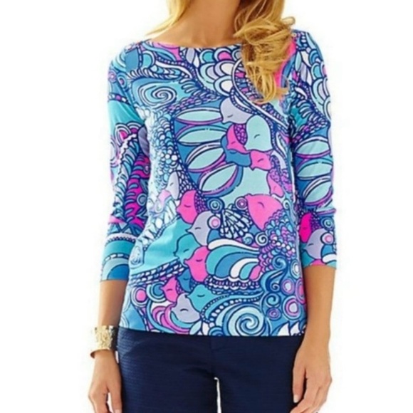 Lilly Pulitzer Alida Boatneck Sea Jewels Top Womens Medium Preppy Pink Blue - Picture 1 of 7